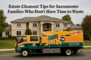 Take Care Junk truck parked in front of a Sacramento estate home with the headline “Estate Cleanout Tips for Sacramento Families Who Don’t Have Time to Waste”