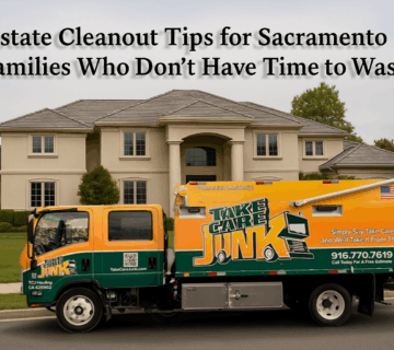 Take Care Junk truck parked in front of a Sacramento estate home with the headline “Estate Cleanout Tips for Sacramento Families Who Don’t Have Time to Waste”