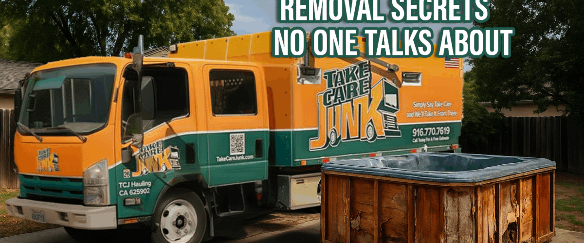 Take Care Junk truck removing an old hot tub from a Sacramento backyard