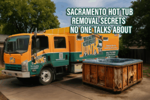 Take Care Junk truck removing an old hot tub from a Sacramento backyard