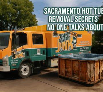 Take Care Junk truck removing an old hot tub from a Sacramento backyard