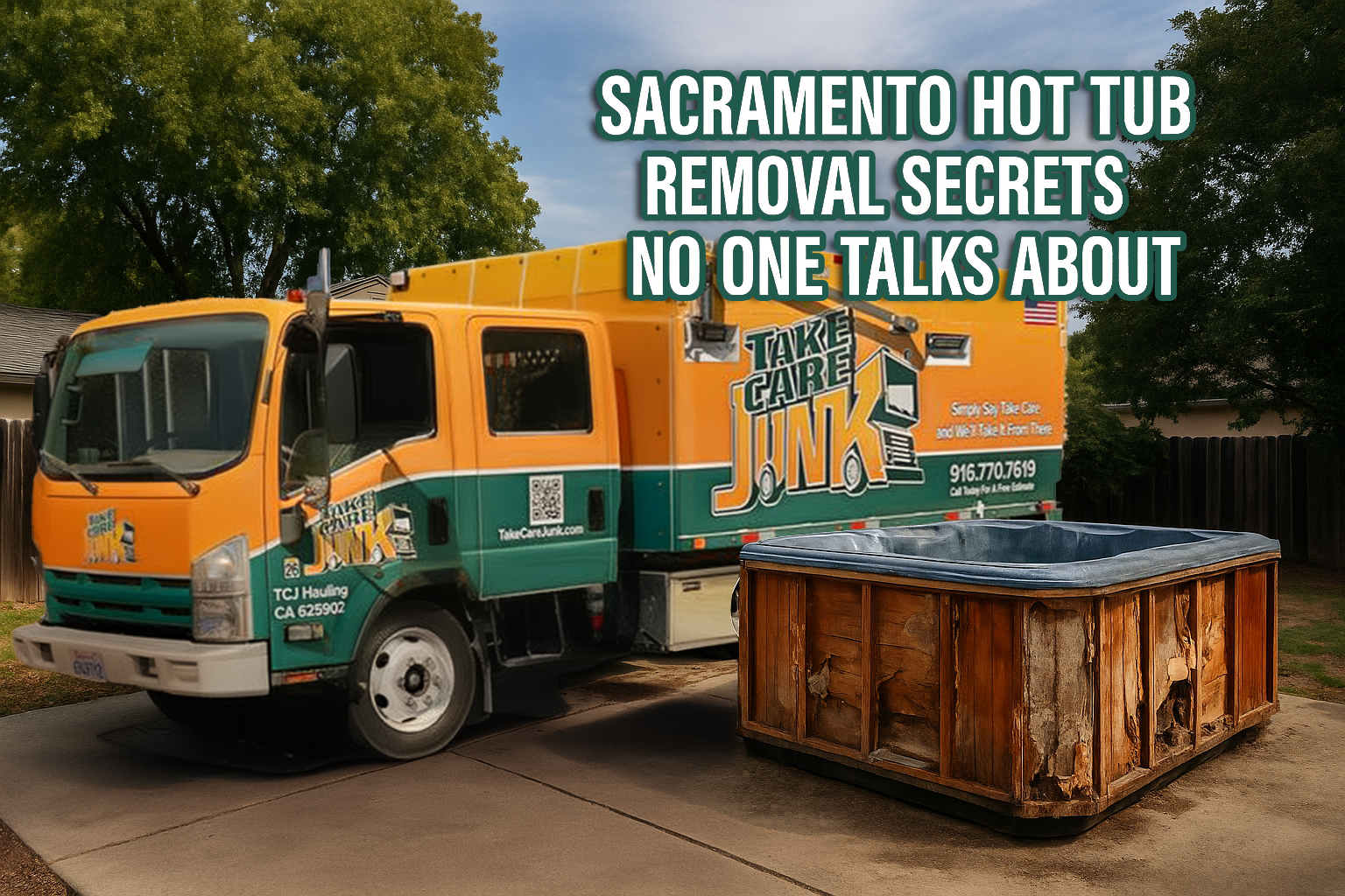 Take Care Junk truck removing an old hot tub from a Sacramento backyard