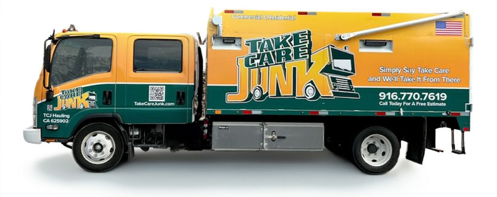 Junk removal near me: Take Care Junk green and yellow truck ready for fast residential and commercial hauling in California